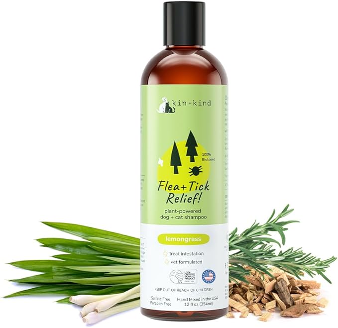 kin+kind Flea and Tick Shampoo for Dogs & Cats Vet Formulated - Plant Powered, Safe and Effective Dog and Cat Shampoo - Lemongrass Scent - Prevent Fleas and Ticks - Made in USA 12 fl oz