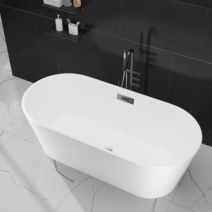 67 Inch Acrylic Soaking Bathtub, Modern Stand Alone Tub for Adults with Sloped Backrest, Chrome Drain & Overflow, cUPC Certified, Easy Installation, White Oval Bath