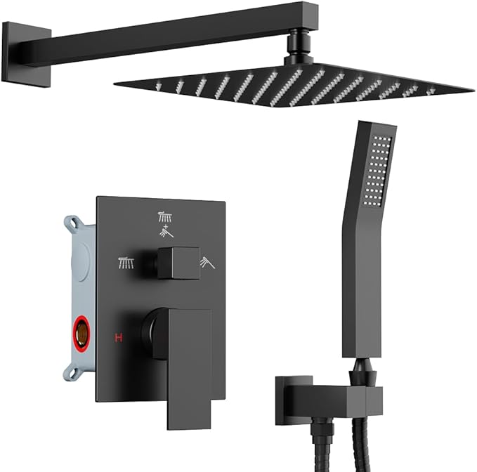 Shower Faucet Set Matte Black Shower System, Starbath 10" Rain Shower Head and Handheld Spray Shower Set Complete Wall Mounted,2 Way Pressure Balance Shower Valve and Trim Kit Included