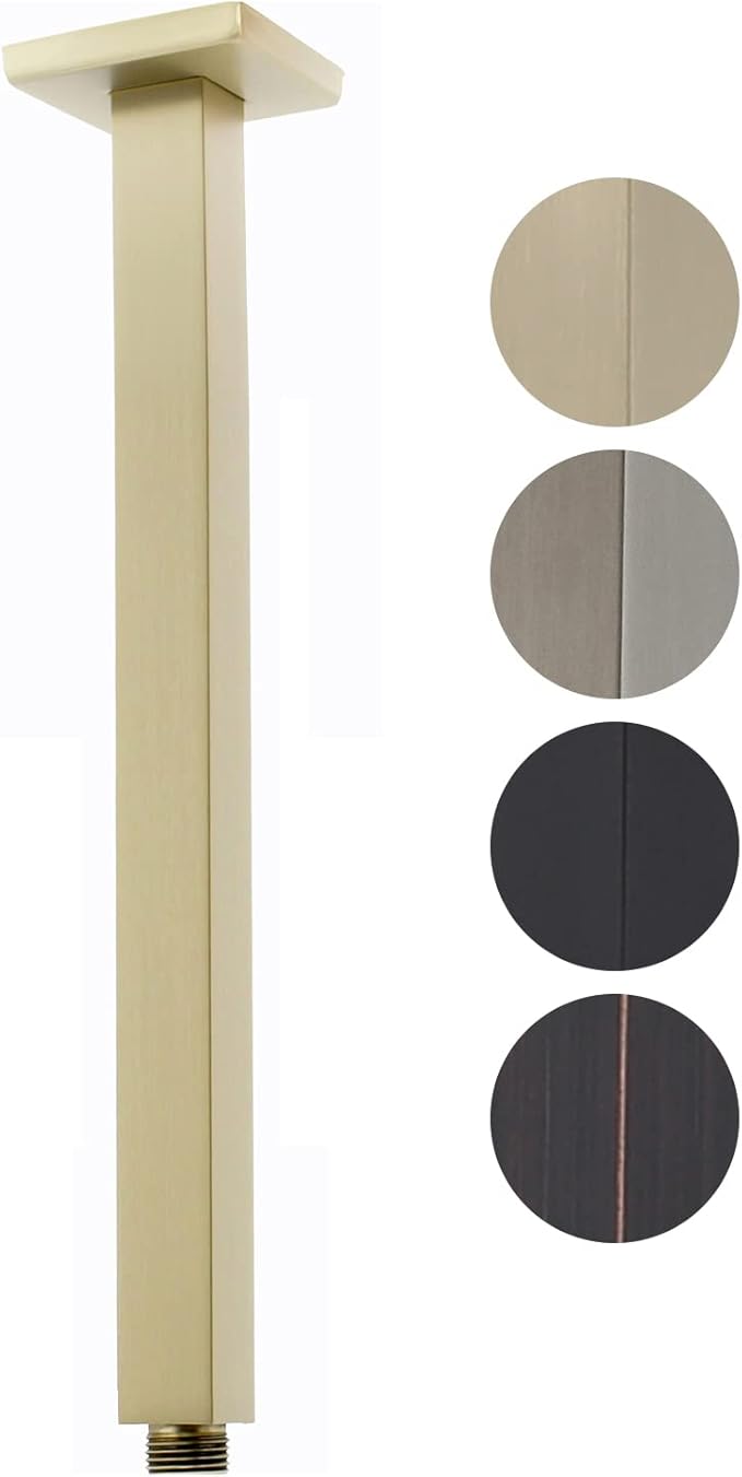 Ceiling Mount Shower Arm with Flange 20 Inches Square Straight Extender Extension Pipe Replacement, Long Shower Arm For Fixed Rain Shower Head or High Ceiling, Brushed Gold