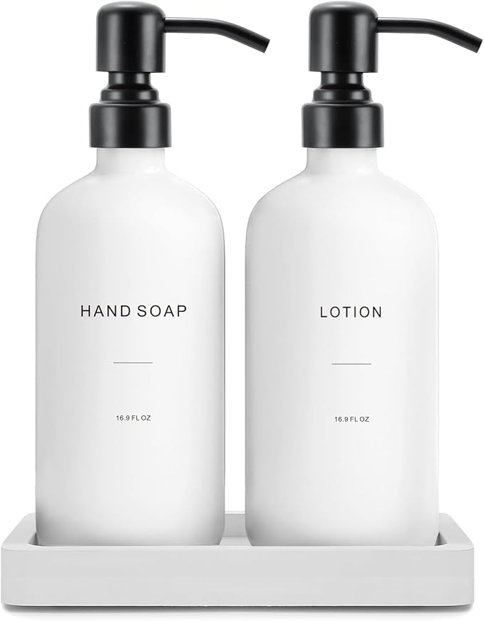 White Soap Dispenser Set, Contains Hand and Lotion Dispenser with Pump. Perfect for Guest Bathroom Decor. (White)