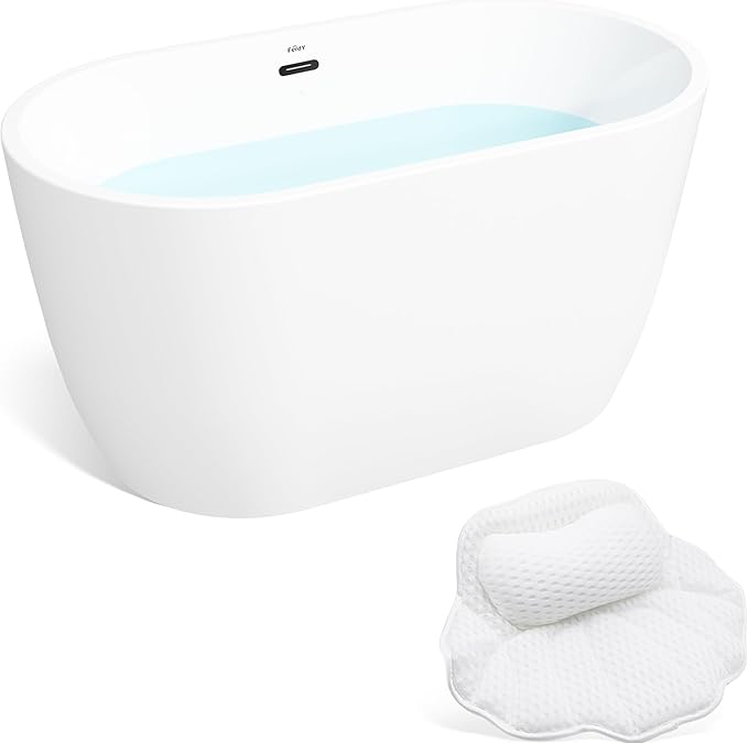 FerdY 47" Bali Acrylic Freestanding Bathtub with Headrest, Gracefully Shaped Soaking Bathtub, cUPC Certified, Toe-Tap Matte Black Drain &Minimalist Linear Design Overflow& Bath Pillow Included