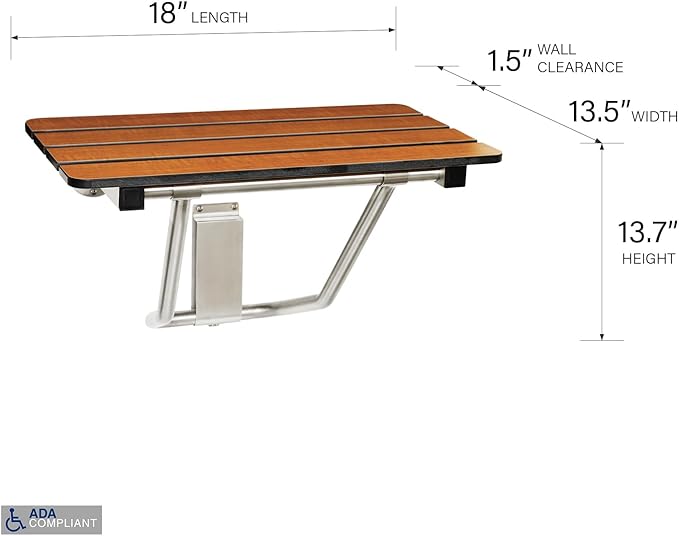 Seachrome 18-inch x 15-inch in ADA Folding Wall Mount Bathroom Shower Seat Bench, Teak Phenolic Seat