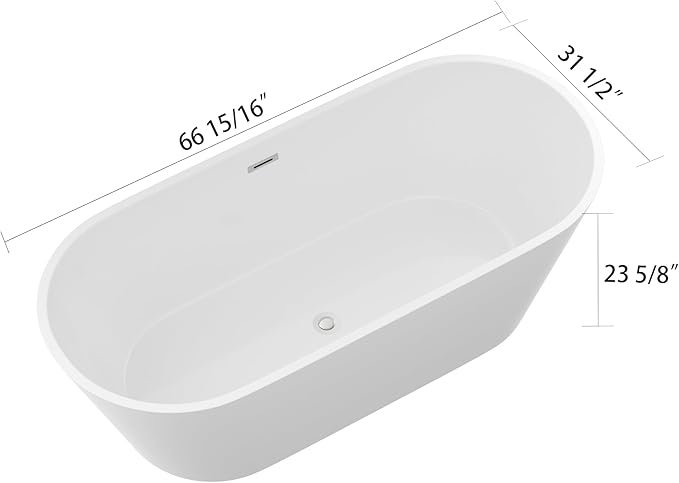 Logmey 63" White Acrylic Freestanding Bathtub Oval Shape Soaking Tub with Chrome Drain & Overflow Assembly for Classic and Modern Bathrooms