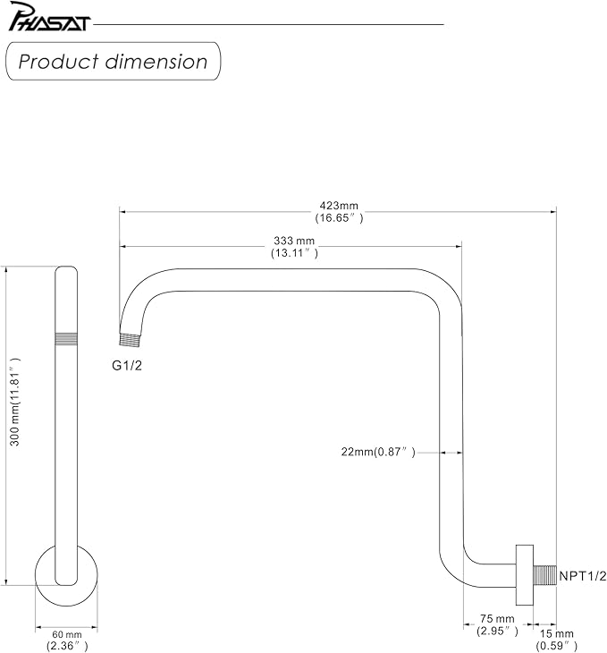 PHASAT S Shaped Shower Arm, 16.65 Inches High Rise Shower Arm with Flange,Shower Head Extension Arm Replacement,Shower Arm Extension Brushed Nickel,PU9L02