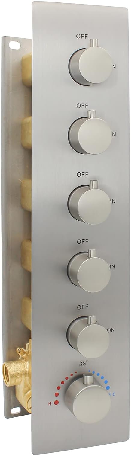HOMEDEC 5-Function Brass Thermostatic Shower Valve Kit Can Run at Same Time, Concealed Water Diverter with 6 Round Handles Knobs Valve, Brushed Nickel