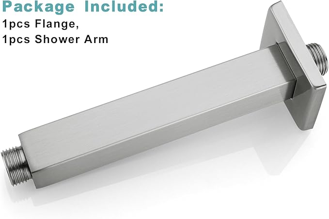 BESTILL 6 Inch Brushed Nickel Ceiling Mount Shower Arm and Flange, Square Rain Shower Arm