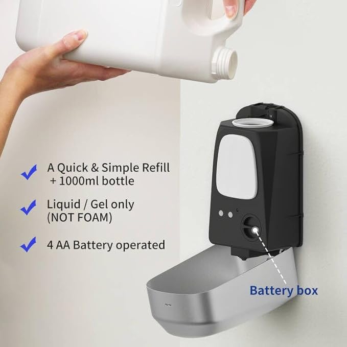 JETWELL Automatic Touch-Less Wall Mount Hand Soap Dispenser Liquid Drop Battery Operated, Brushed Stainless Steel Cover Large Capacity 34OZ/1000ML for Kitchen Home Commercial Bathroom