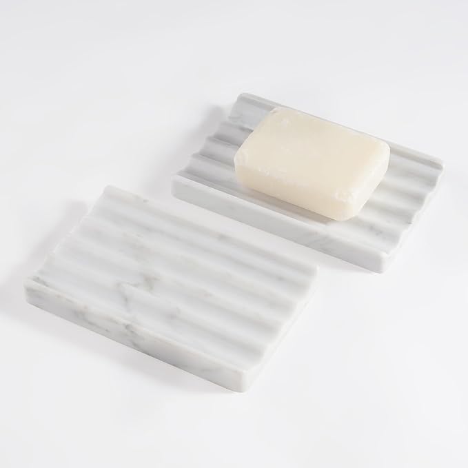 2 Pcs Soap Holder for Bathroom, Marble Soap Dish for Kitchen Countertop, Bathroom Tray with Creative Wavy Design, Soap Saver for Bath Tub, Sponges, Italian Natural Stone(Bianco Carrara)