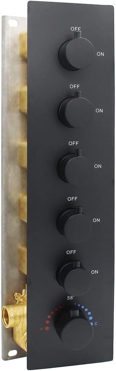 HOMEDEC Matte Black 5-Way Shower Diverter Valve Kit, 5 Port Concealed Brass Thermostatic Mixer Shower Control Valve Kit Replacement