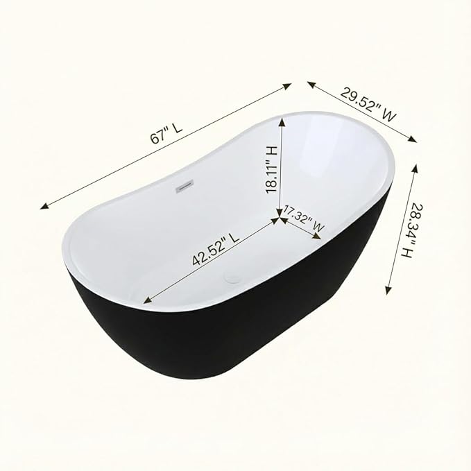 Bathtub with Upturned Ends, CUPC Chrome Drain and Overflow, White Interior and Black Exterior, Built-in Overflow, Fiber-Coated Fixing Bracket