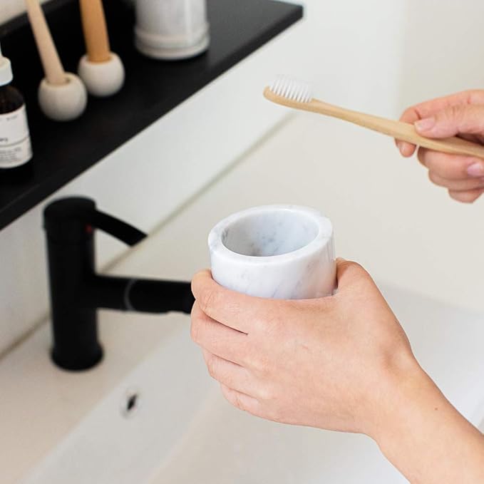 Natural Marble SPA Collection Tumbler Toothbrush Holder Makeup Brush Holder Bathroom Countertop Organizer