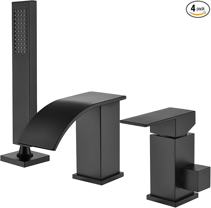 TapLong Waterfall Roman Tub Faucet with Hand Shower, Deck Mount 3 Hole Bathtub Faucet Set High Flow Bath Tub Faucet Set Deck Mount Solid Brass, Matte Black,03766B