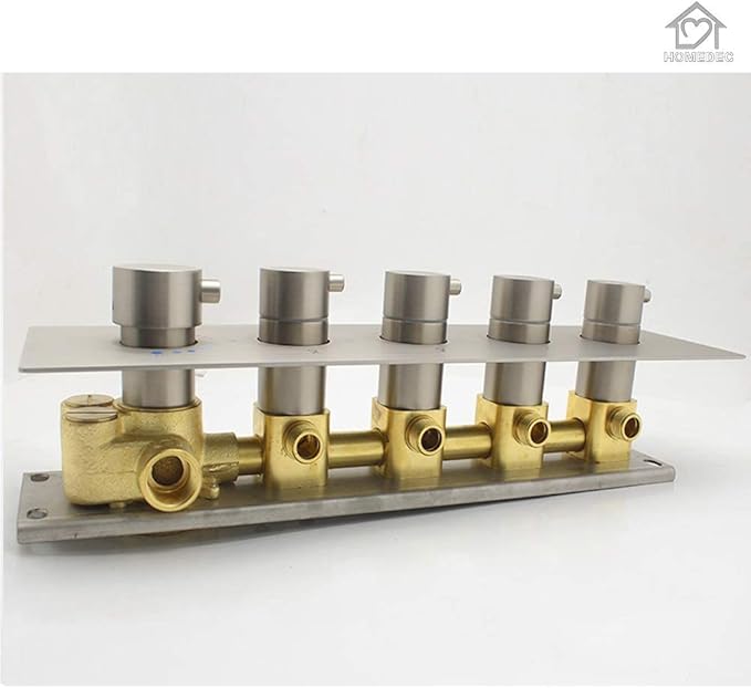 HOMEDEC Modern Solid Brass Concealed 4-Function Thermostatic Shower Diverter Mixer Valve Brushed Nickel, Can Run Simultaneously, Flows Can Be Controlled