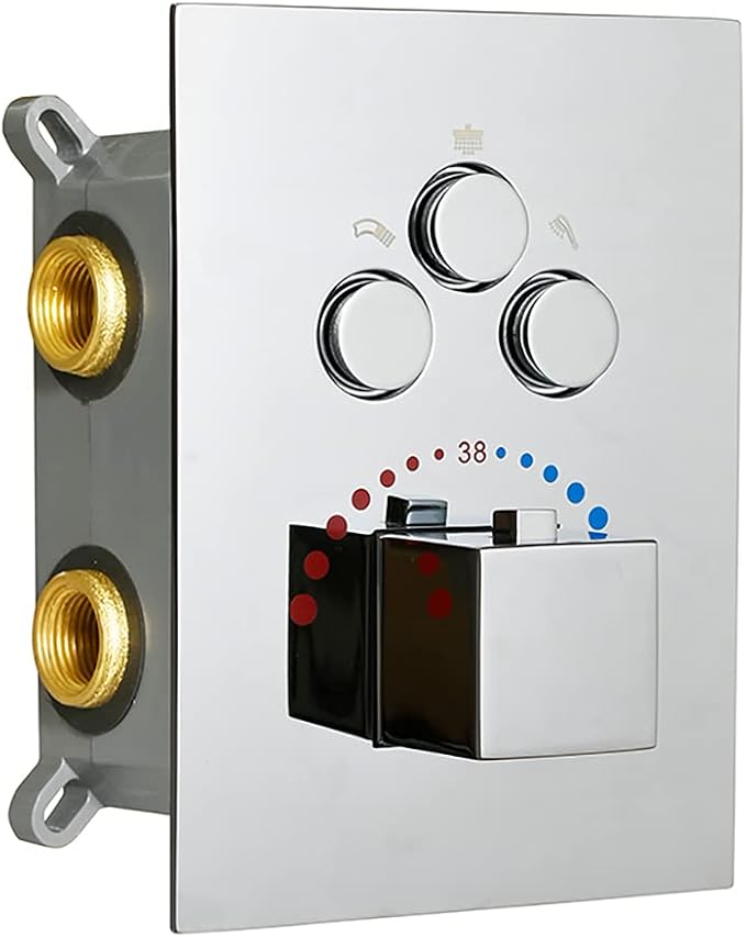 3-Function Brass Shower Diverter Thermostatic Valve Pressure Balanced Mixer with Trim in Polished Chrome,Can Use All Function At a Time