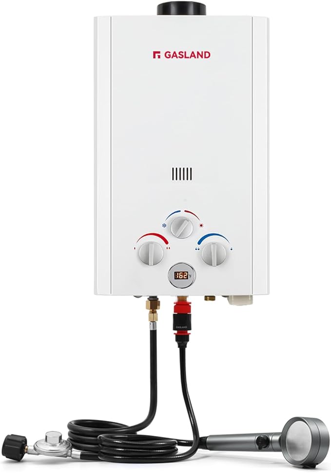 GASLAND BE264 Tankless Water Heater Propane 10L, 2.64GPM Outdoor Propane Shower for Camping & Off Grid, 68,000BTU, Digital Display, Overheating Protection, Easy Installation