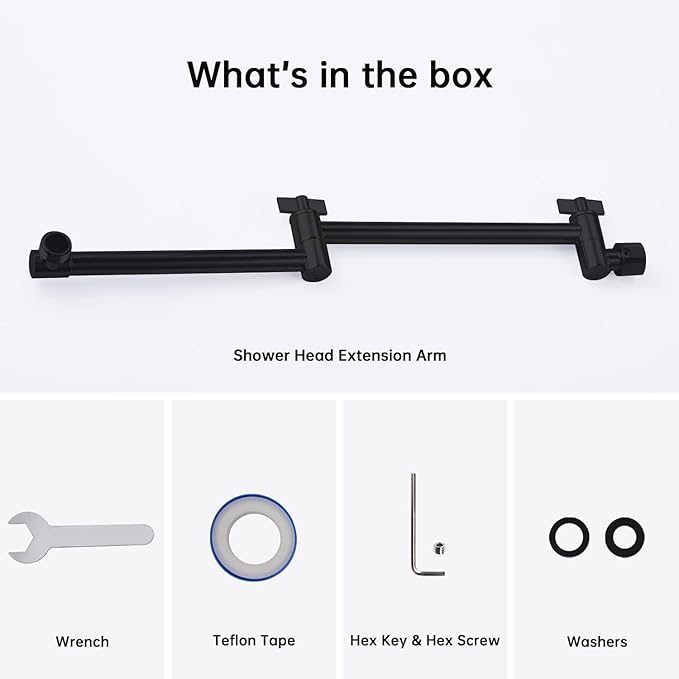 G-Promise 16 Inch Shower Head Extension Arm, Solid Brass Height & Angle Adjustable Extender, Rise or Lower Rainfall and Fixed Shower Head (Matte Black)