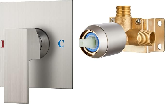 Airuida Square Single-Function Brass Faucet Shower Rough-in Valve Male Thread Bathroom Trim Kit Single Handle Tub Shower Valve 4.3 Inch Cover Plate Brushed Nickel