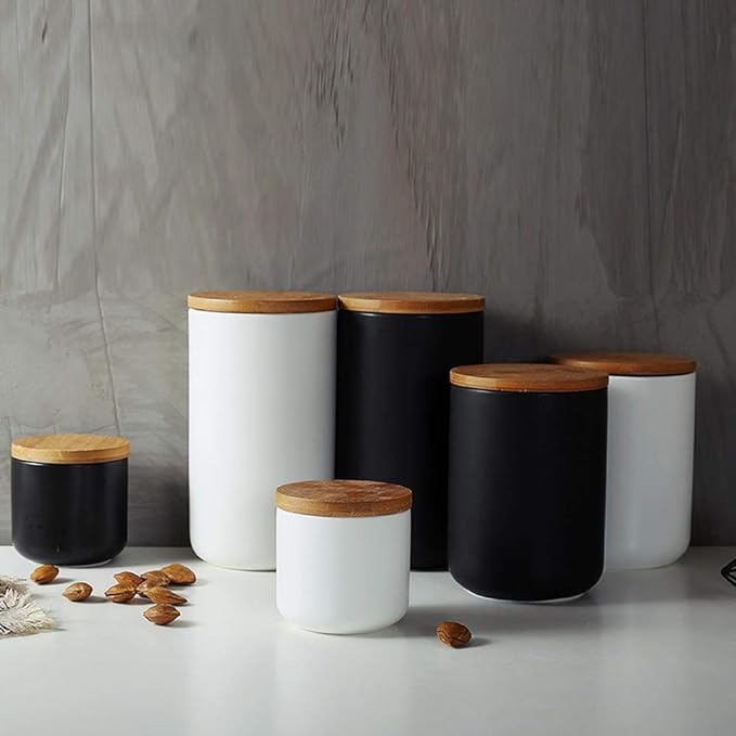 MilkyWay Food Storage Jar Strong Ceramic Storage Canisters with Airtight Seal Bamboo Lid Modern Design Seal Damp-Proof Kitchen Jar for Coffee, Tea, Spice and More (White(S: 8.7oz/260ml))