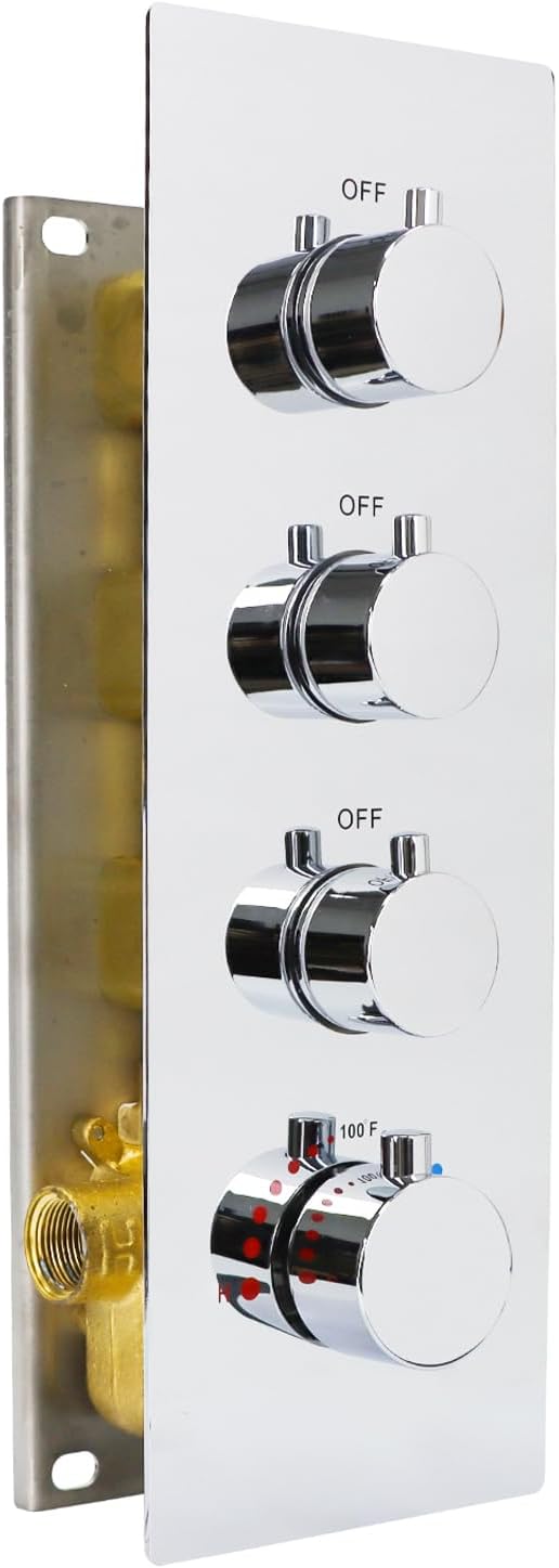HOMEDEC 3-way Brass Thermostatic Shower Diverter, 4 Handle Flow Control Valve, 3/4 inch Inlet can Run Simultaneously, Chrome