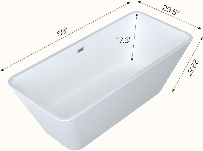 59 Inch Freestanding Bathtub, Modern Soaking Bathtub, Freestanding Rectangular Tub with Non-Slip Base and Easy Drain, Deep Design for Adults, Ideal for Bathroom Relaxation, Chrome Drain, White