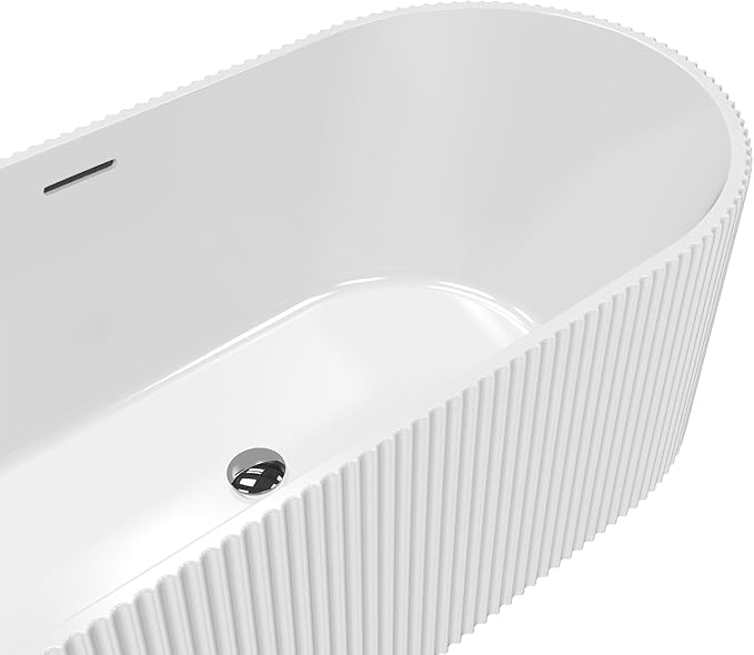 59" Acrylic Freestanding Soaking Bathtub, Matte Drain & Black Overflow, Contemporary Design Tub for Home Bathroom Renovations, Glossy White