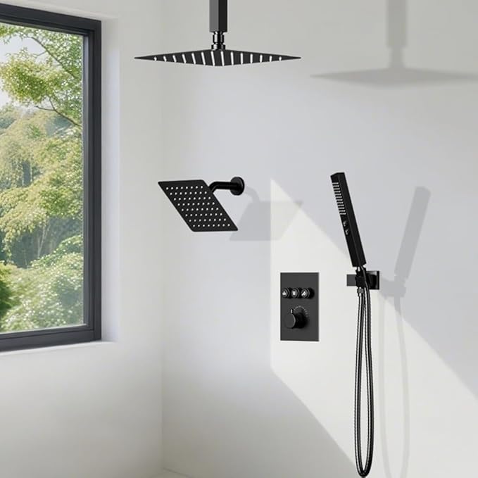Shower Faucet Set Matte Black Shower System,12" Ceiling Rainfall and 6" Wall Mount Rain Shower with 2 in 1 Handhled, Can Use All at Once, Thermostatic Shower Set with Valve and Trim Kit
