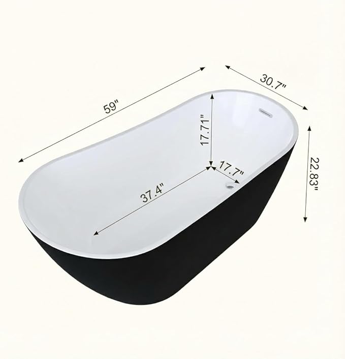 Bathtub with Upturned Ends, CUPC Chrome Drain and Overflow, White Interior and Black Exterior, Built-in Overflow, Fiber-Coated Fixing Bracket