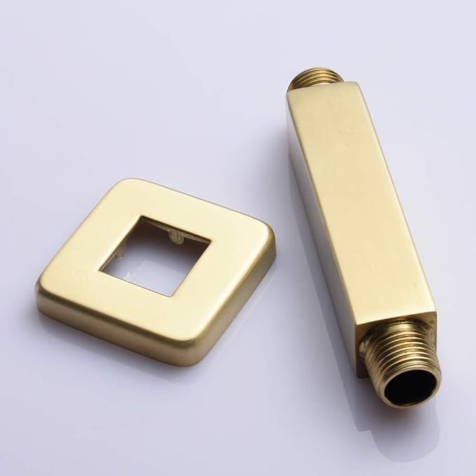 Brushed Gold Shower Arm with Flange 4 inch Square Shower Head Extension Arm for Fixed Showerheads and Handheld Showerheads, KATAIS