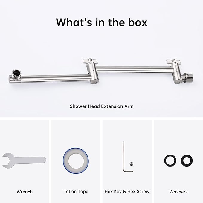 G-Promise 16 Inch Shower Head Extension Arm, Solid Brass Height & Angle Adjustable Extender, Rise or Lower Rainfall and Fixed Shower Head (Brushed Nickel)