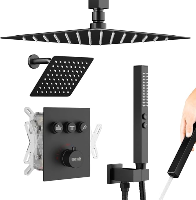 Shower Faucet Set Matte Black Shower System,12" Ceiling Rainfall and 6" Wall Mount Rain Shower with 2 in 1 Handhled, Can Use All at Once, Thermostatic Shower Set with Valve and Trim Kit