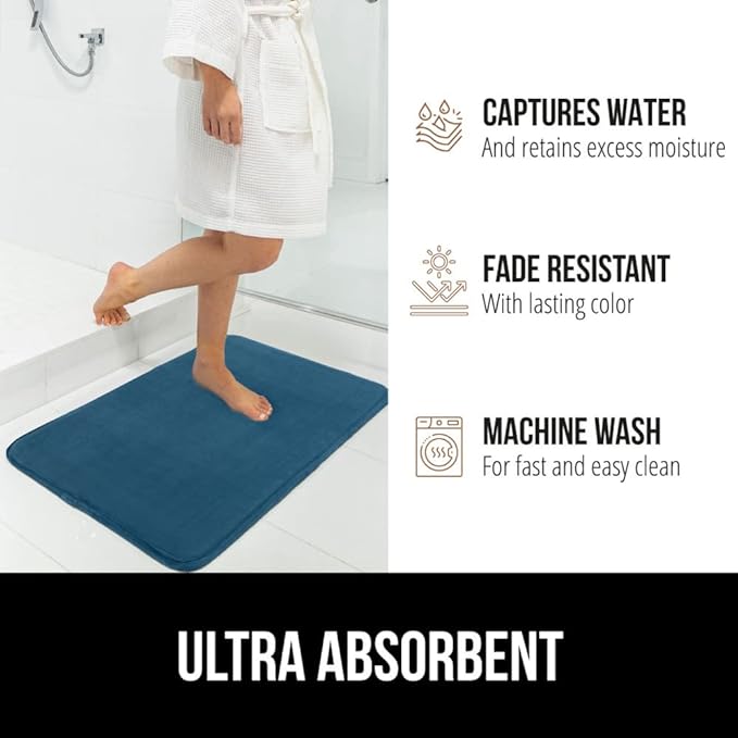 GORILLA GRIP Memory Foam Bath Mat, Soft Absorbent Velvet Bathroom Mats, Durable Dots on Underside, Machine Washable Bathmat, Carpet Rug Room Decor for Shower Tub Floor RV, 24x17 Rugs, Blue