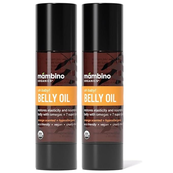 Mambino Organics Oh Baby! Belly Oil for Pregnant Women, Organic Stretch Mark Oil for Pregnancy, Postpartum Skin Elasticity, Hydration, Tamanu, Shea Butter, Calendula, Vegan, Non-GMO, 2 fl oz, 2-Pack