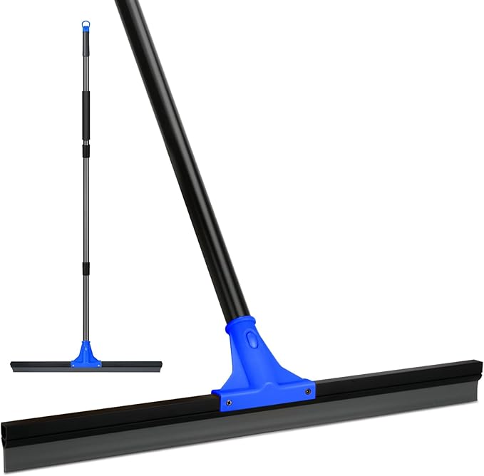 Floor Squeegee for Concrete and Tile Cleaning, 24'' Rubber Wiper Broom, Large Heavy Duty Water Scraper with 60'' Long Handle for Garage, Deck, Bathroom, Shower Glass, Window