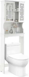 COSTWAY Over The Toilet Storage Cabinet, Bathroom Shelf Over Toilet, Double Door Bathroom Storage Cabinet Organizer with Adjustable Shelf, Open Shelf (White)
