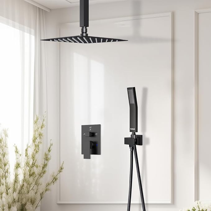 Shower Faucet Set Matte Black Shower System, Starbath 12" Rain Shower Head and Handheld Spray Shower Set Complete Ceiling Mounted,2 Way Pressure Balance Shower Valve and Trim Kit Included