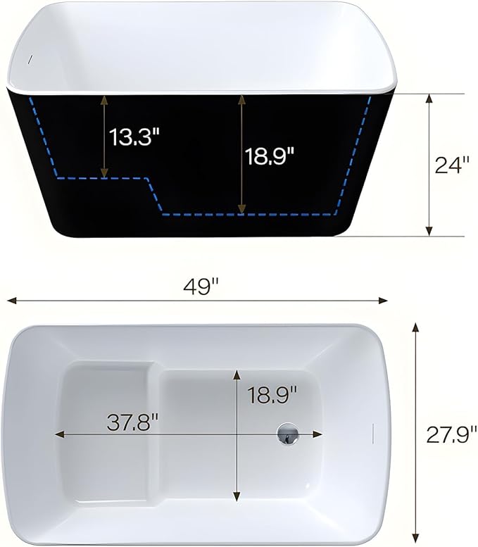 49" Acrylic Freestanding Bathtub, Soaking Tub with Seat, Toe-Tap Drain, Slotted Overflow, Deep Ergonomic Design, cUPC Certified, Black