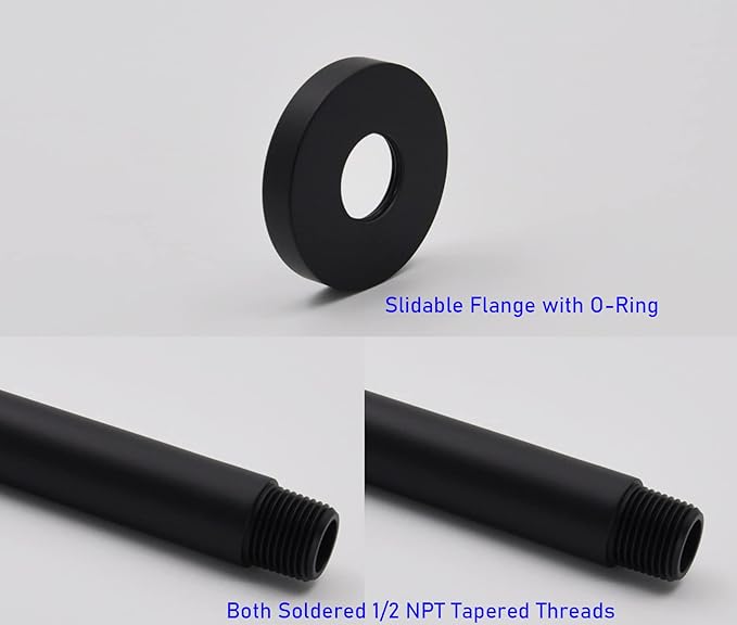 Aquaiaw Shower Arm and O-Ring Flange, 3 inch, Solid Brass, Round, Both Soldered 1/2 NPT Tapered Threads, Straight Shower Arm Extension, Ceiling Shower Head Arm for Rainfall Shower (Matte Black)