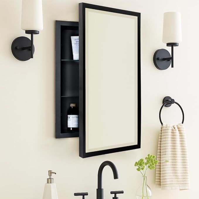 TEHOME Black Metal Framed Recessed Bathroom Medicine Cabinet with Mirror Rectangle Beveled Vanity Mirrors for Wall 16 x 24 inches