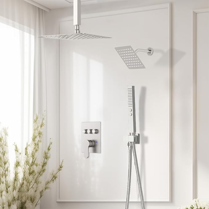 Shower Faucet Set Brushed Nickel Shower System,STARBATH 12+8" Rainfall Shower Head with Handheld 2 Spray High Pressure, Push Button Diverter Shower Valve Can Run All Together