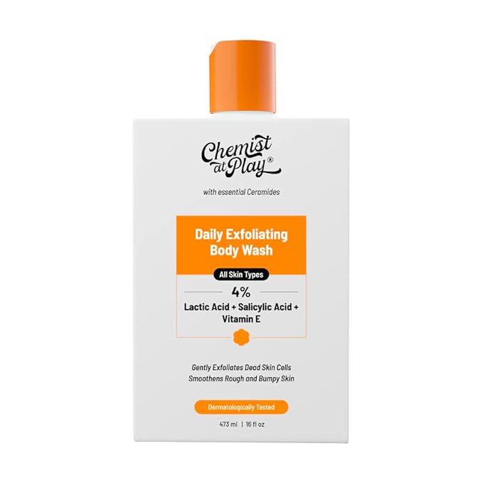 Chemist At Play Body Wash Exfoliating For Dry Rough Bumpy Strawberry Skin With 1% Salicylic Acid 2% Lactic Acid And Ceramides For Men And Women 15.9 Fl oz