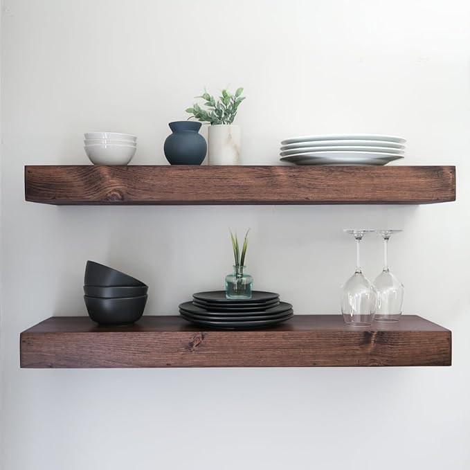 Urbandi Modern Floating Shelves 3 Inches Thick for Wall, Wide Shelves for Kitchen, Living Room, Bedroom, and Bathroom, Natural Pine Wood, Rustic Wooden Shelf, (Set of 2) (Provincial, 24Lx3Hx6D)