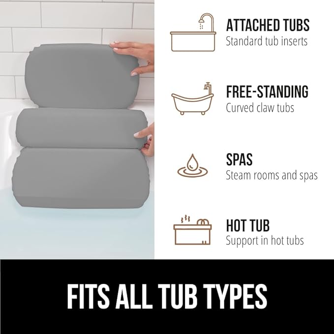 GORILLA GRIP Bath Pillow for Tub, Improved Suction Cups, Luxury Bathtub Pillows, Headrest for Neck and Back Support, Relaxing Home Spa, Hot Tubs and Bathroom Essentials, Gifts for Women, 3 Panel Gray