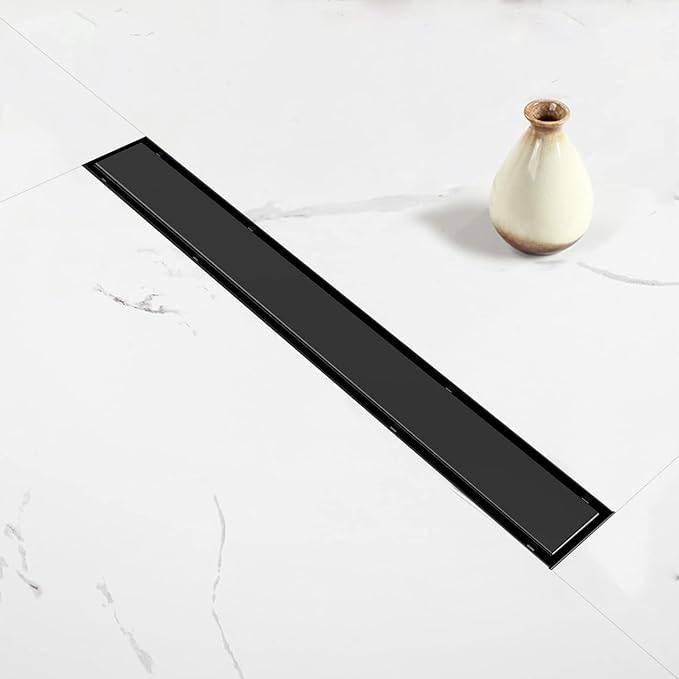 Linear Shower Drain, 18 inch Black Drain with Tile Insert 2-in-1 Panel, Brushed 304 Stainless Steel Shower Floor Drain, Linear Drain with Hair Strainer and Adjustable Feet