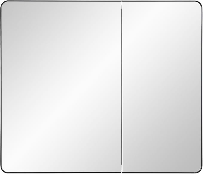 Black Bathroom Medicine Cabinet with Round Corner Framed Door and Beveled Edge Mirror 22 x 20 inch, Recessed or Surface Mount, with Adjustable Glass Shelves