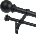 Double Curtain Rod 48 to 84 inch, Adjustable 1 inch Double Drapery Rod Rods for Windows and Doors with Ball Round Finials and Premium Aluminum Brackets Set(48-84",Matte Black)