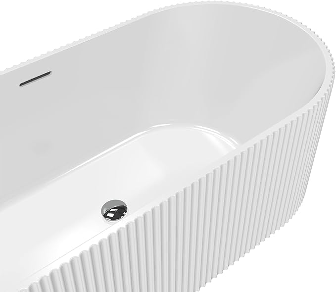 59" Free Standing Tub, Acrylic Soaking Bathtub, Stand Alone Freestanding Tub with Matte Sliver Drain and Overflow, Contemporary Bathtub for Bathroom, Pleated Gloss White
