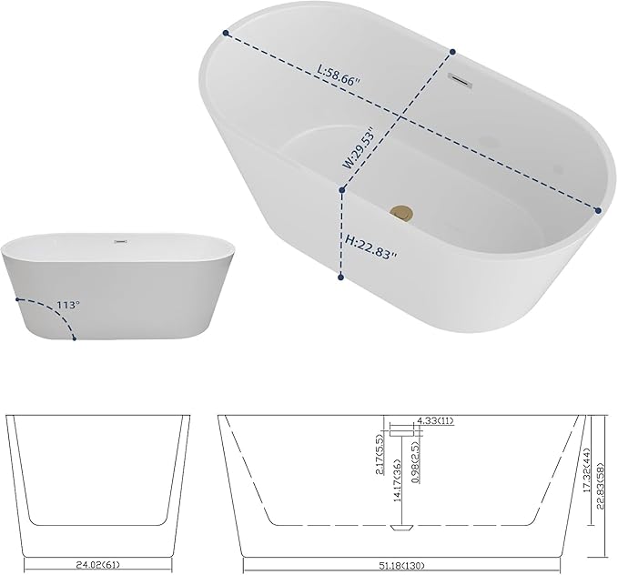 Sarlai 59 Inch Acrylic Freestanding Soaking Bathtub Contemporary Soaking White Tub Stand Alone Ergonomic Bathtub with Gold Drain