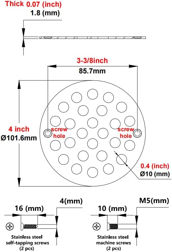4 Inch Screw-in Round Shower Drain Cover Replacement Floor Drainer with Screws (Black)