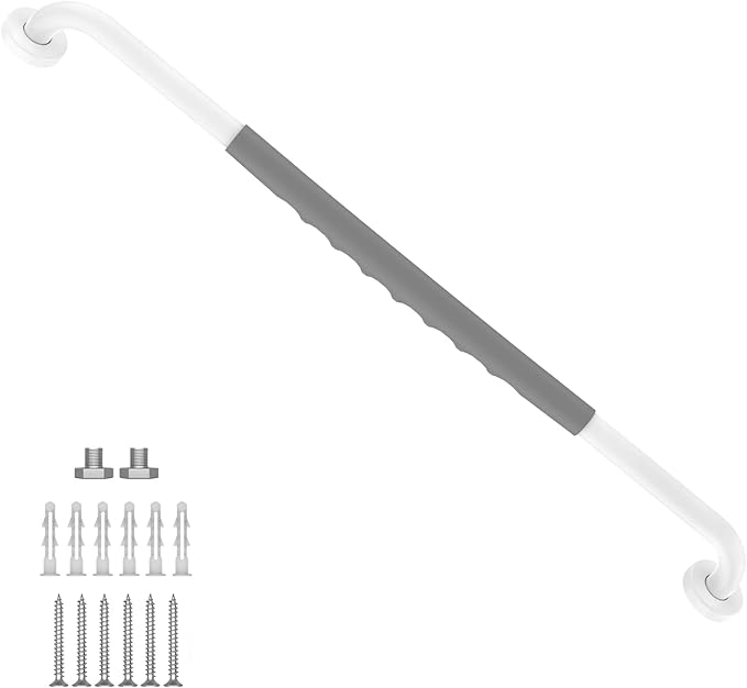 32 Inch Anti Slip Shower Grab Bar, Munzong White Stainless Steel Bathroom Grab Bar w/Gray Rubber Grip, Bathroom Balance Bar,Safety Handrail Support,Handicap Elderly Senior Assist Bath Handle